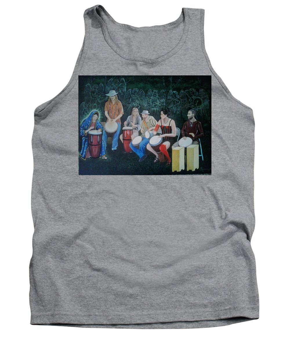 Drums Tank Top featuring the painting Crestone Drumming Circle by James RODERICK