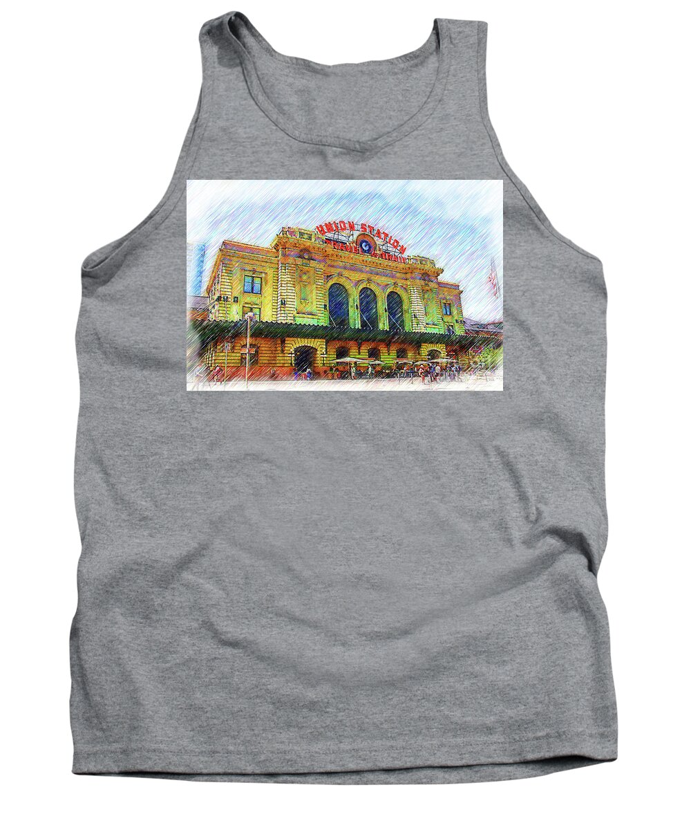 Railway-station Tank Top featuring the digital art Denver Union Station Sketched by Kirt Tisdale