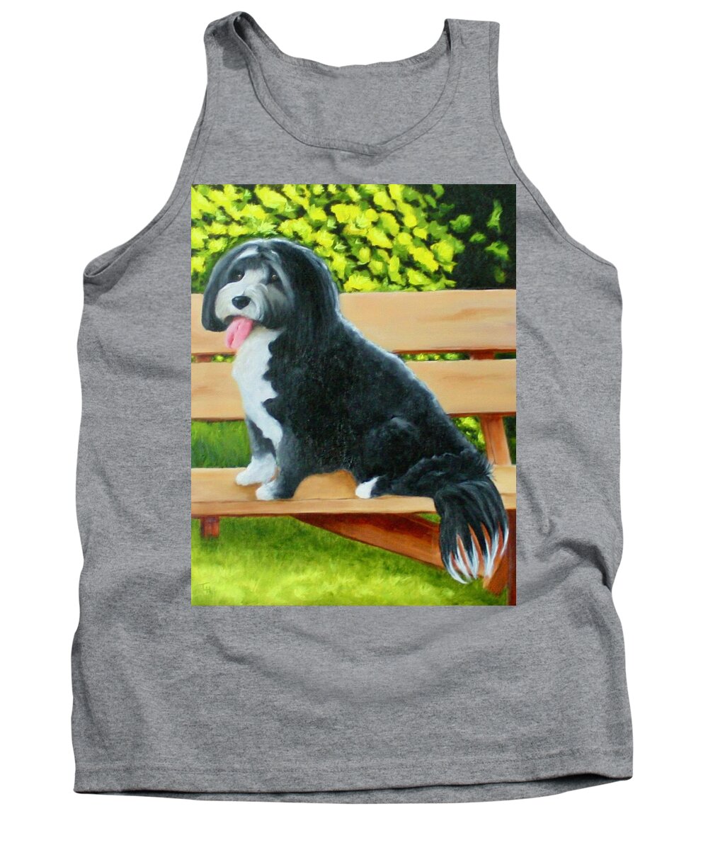 Pet Portrait Tank Top featuring the painting Dog on a Park Bench by Tracy Hutchinson