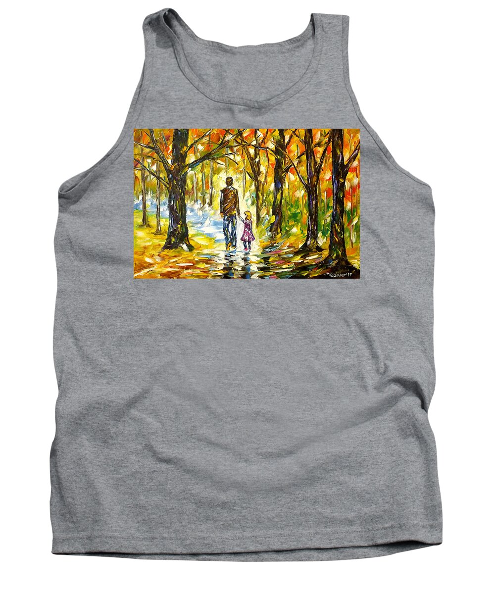 Forest Painting Tank Top featuring the painting Father With Daughter In The Forest by Mirek Kuzniar