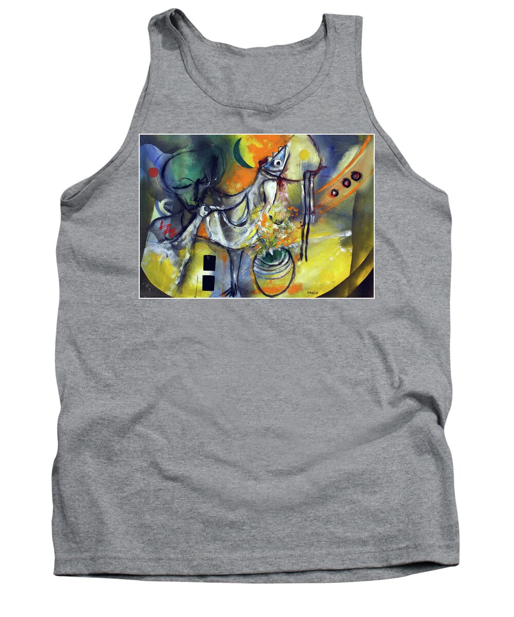 African Art Tank Top featuring the painting Fishbirdman I am by Winston Saoli 1950-1995