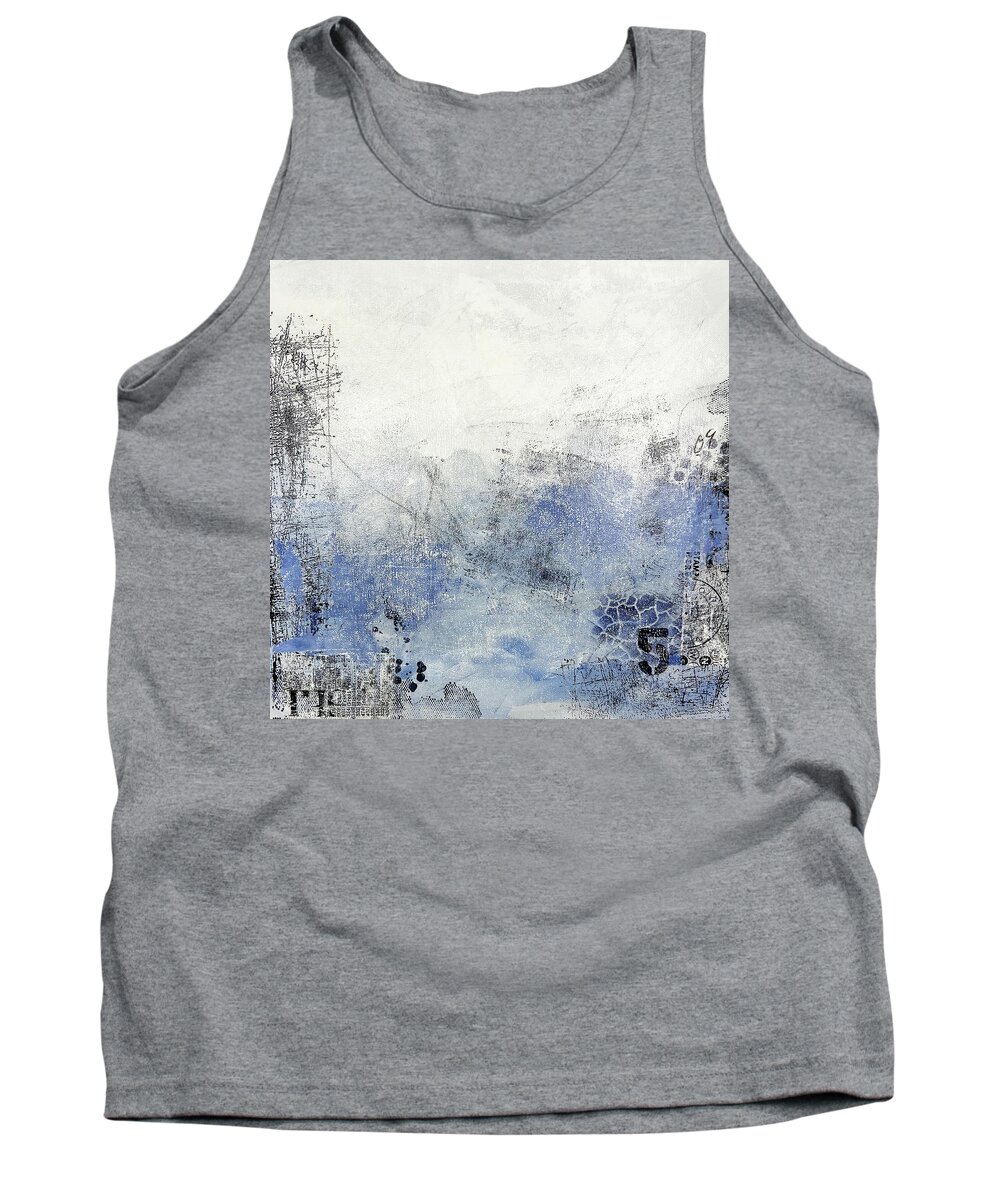 Grunge Tank Top featuring the mixed media FIVE O'CLOCK SOMEWHERE Abstract Collage in Black White Purple Blue Letters Numbers by Lynnie Lang