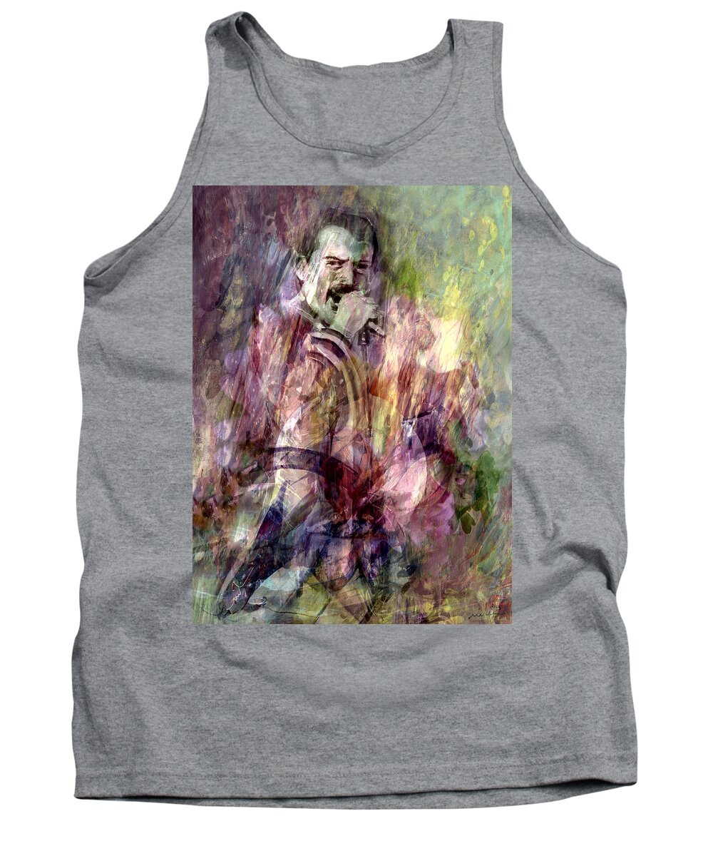 Music Tank Top featuring the painting Freddie Mercury 03 Collage by Miki De Goodaboom