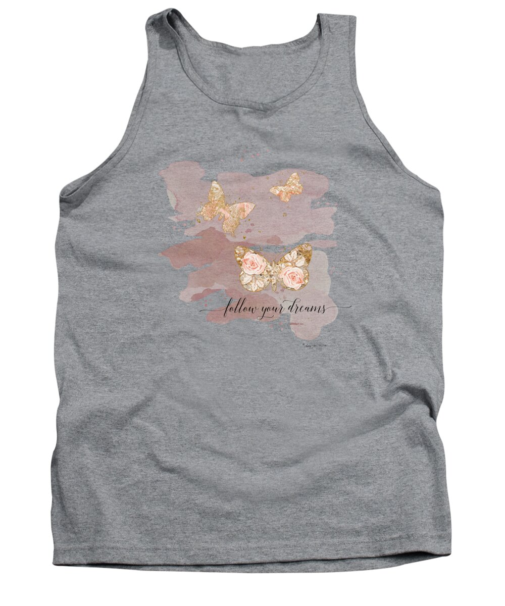 Blush Pink Gold Butterfly Tank Top featuring the painting Free Spirit Butterflies Follow Your Dreams Blush Peach Rose Gold by Audrey Jeanne Roberts