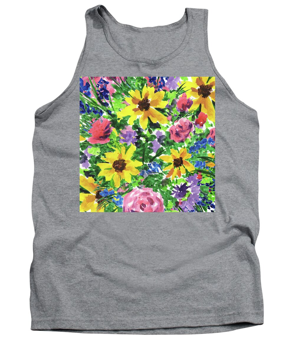Flowerbed Tank Top featuring the painting Happy Impressionistic Flowers Yellow Pink Blue Watercolor Flowerbed by Irina Sztukowski