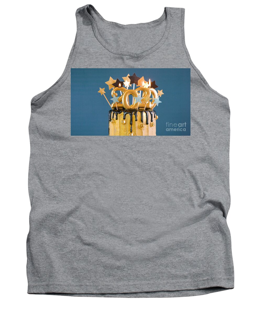 Cake Tank Top featuring the photograph Happy New Year 2020 black and gold drip cake. by Milleflore Images