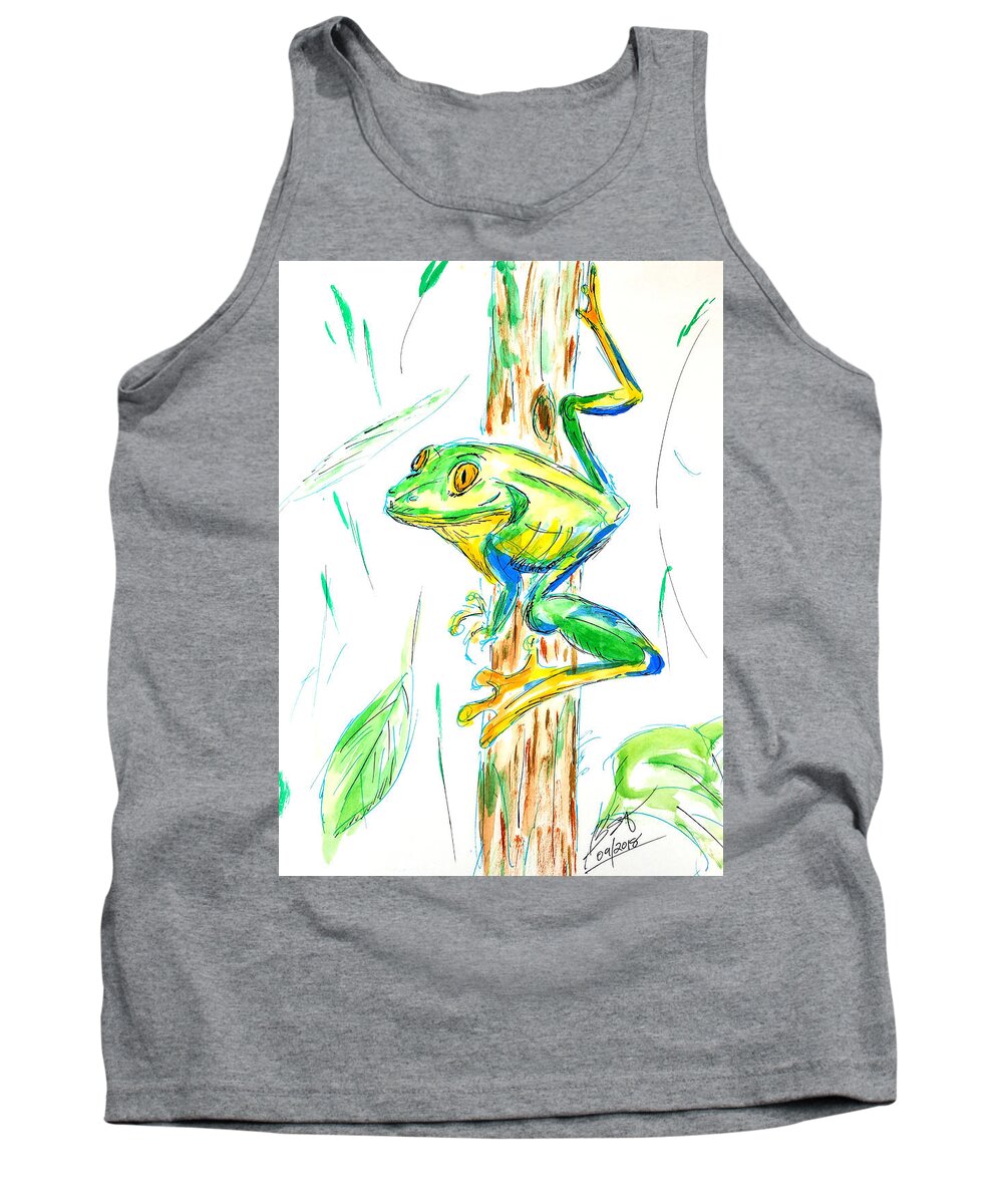 Frog Tank Top featuring the mixed media Happy Tree Frog by Brent Knippel