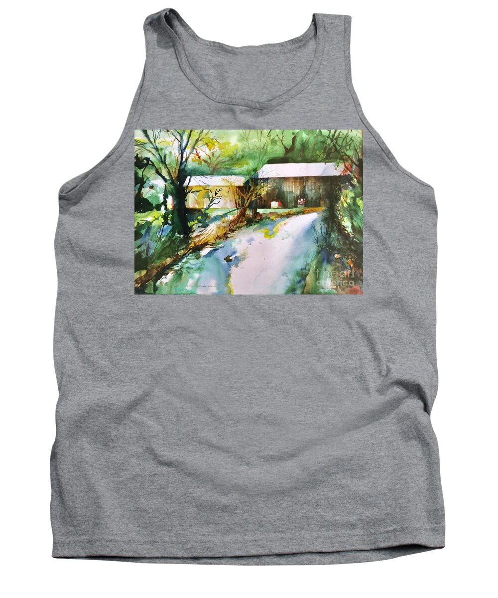 Watercolor Tank Top featuring the painting Honey Run Bridge by Glen Neff