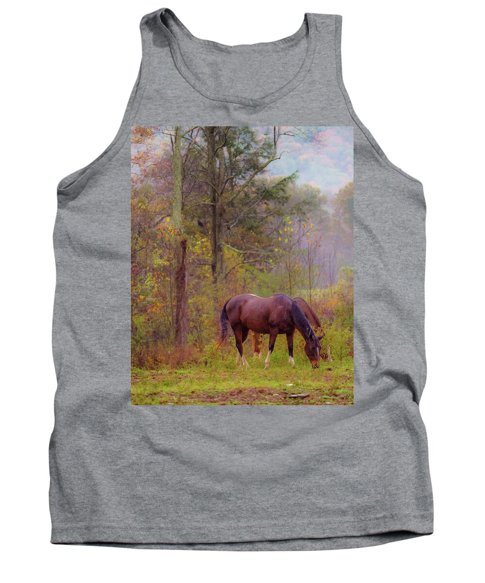 Cade's Cove Tank Top featuring the photograph Horses in the Smokies by Darrell DeRosia