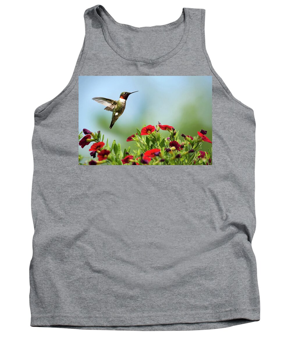 Hummingbird Tank Top featuring the photograph Hummingbird Frolic with Flowers by Christina Rollo