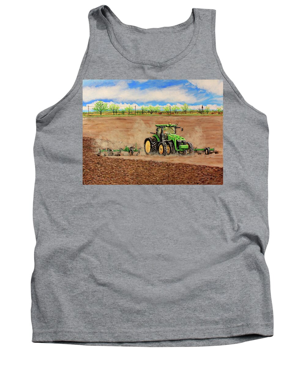 Farming Tank Top featuring the painting John Deere 8345R Tractor Pulling a Cultivator by Karl Wagner