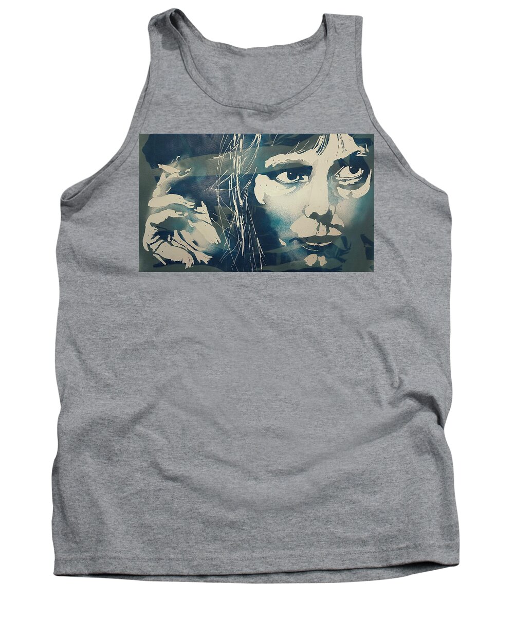 Joni Mitchell Tank Top featuring the painting Joni Mitchell - River by Paul Lovering
