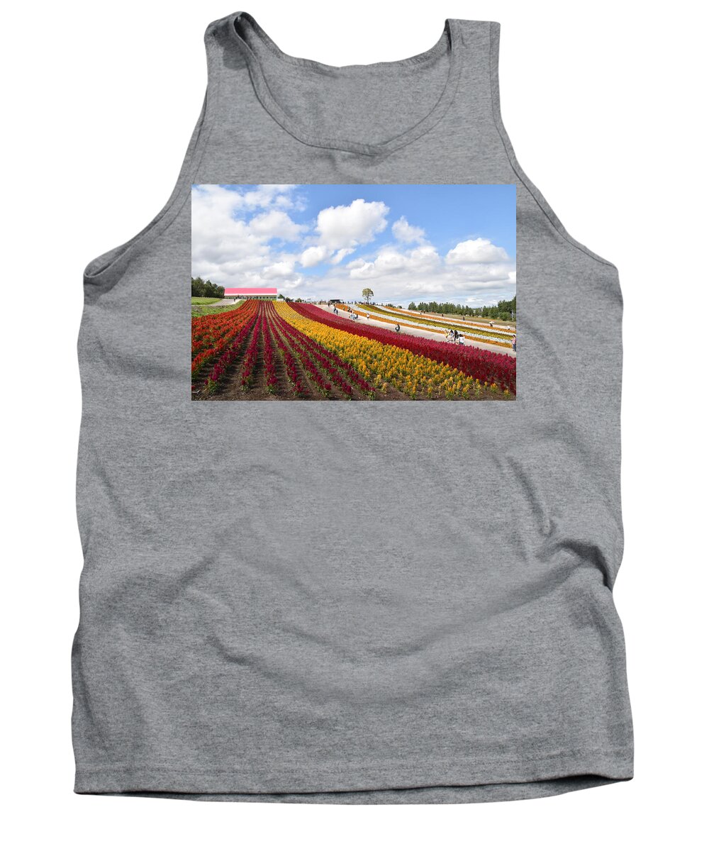  Tree Tank Top featuring the photograph Landscape with flower field in Hokkaido, Japan	 by Yujun