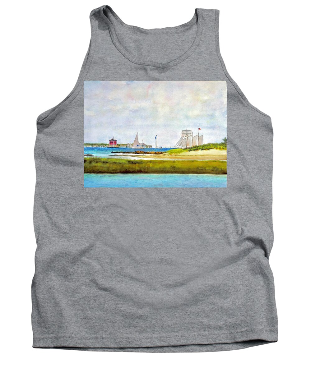 New London Ct Schooner Race Tank Top featuring the painting Ledge Light Lighthouse New London Waterford Beach CT by Patty Kay Hall