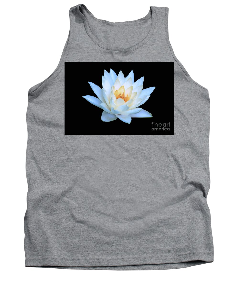 Water Lily; Water Lilies; Lily; Lilies; Flowers; Flower; Floral; Flora; Yellow; White Water Lily; White Flowers; Black; Photography; Painting; Simple; Decorative; Décor; Macro; Close-up Tank Top featuring the photograph Lily Glow by Tina Uihlein