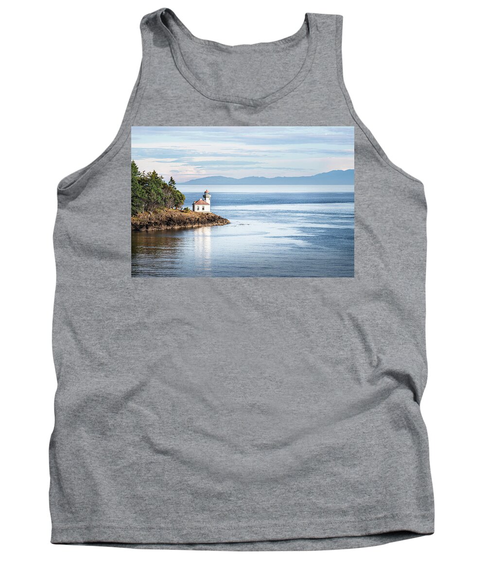Lime Kiln Lighthouse Tank Top featuring the photograph Lime Kiln Lighthouse And The Olympic Mountains by Jordan Hill