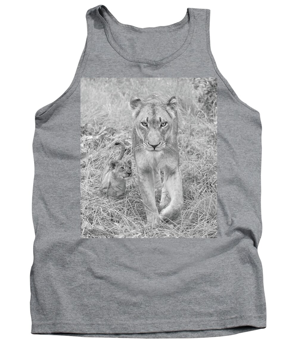 Lioness Tank Top featuring the photograph Lioness and Cub Walking by Rebecca Herranen