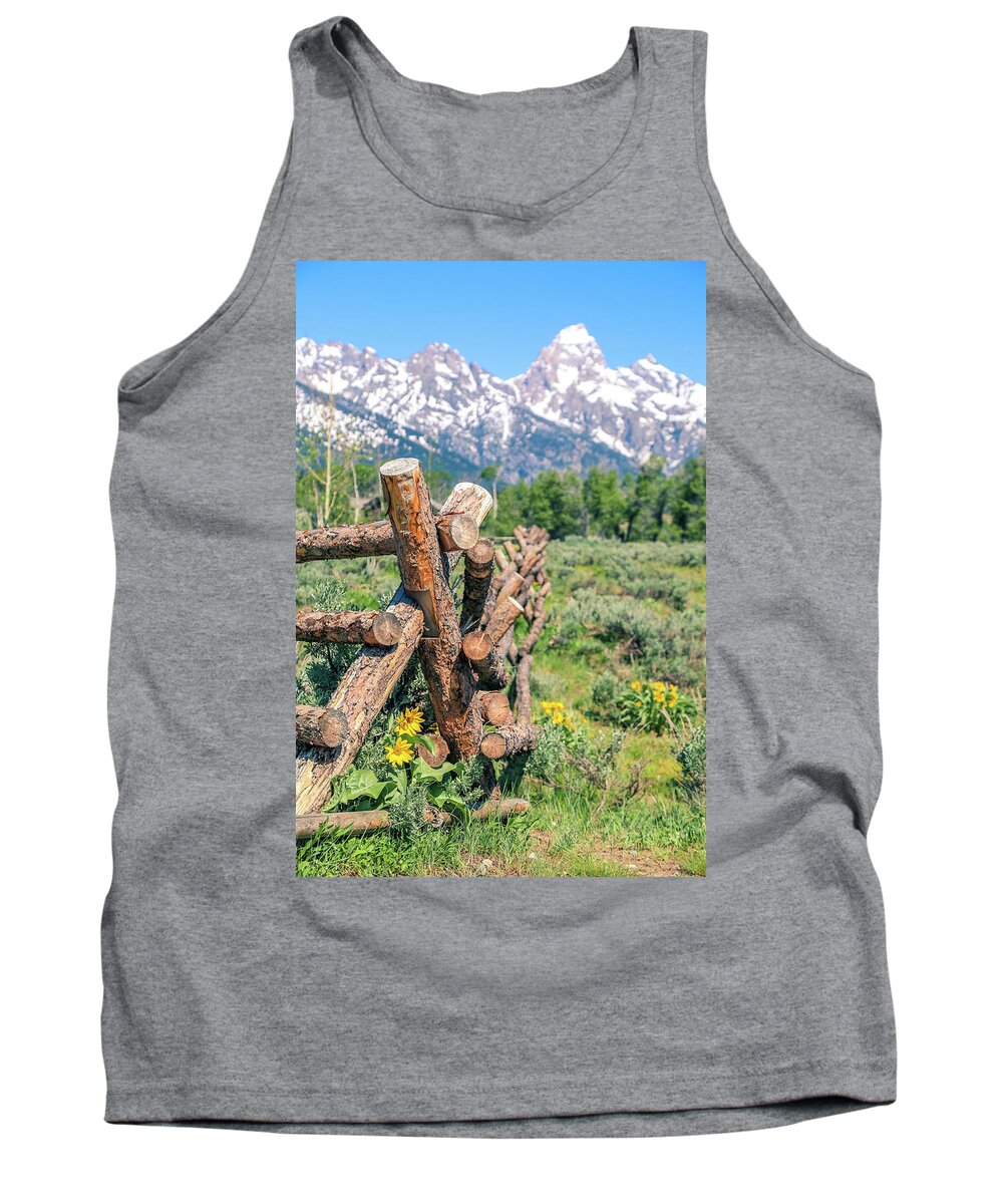 Log Fence Flowers In The Tetons Tank Top featuring the photograph Log Fence Flowers In The Tetons by Dan Sproul