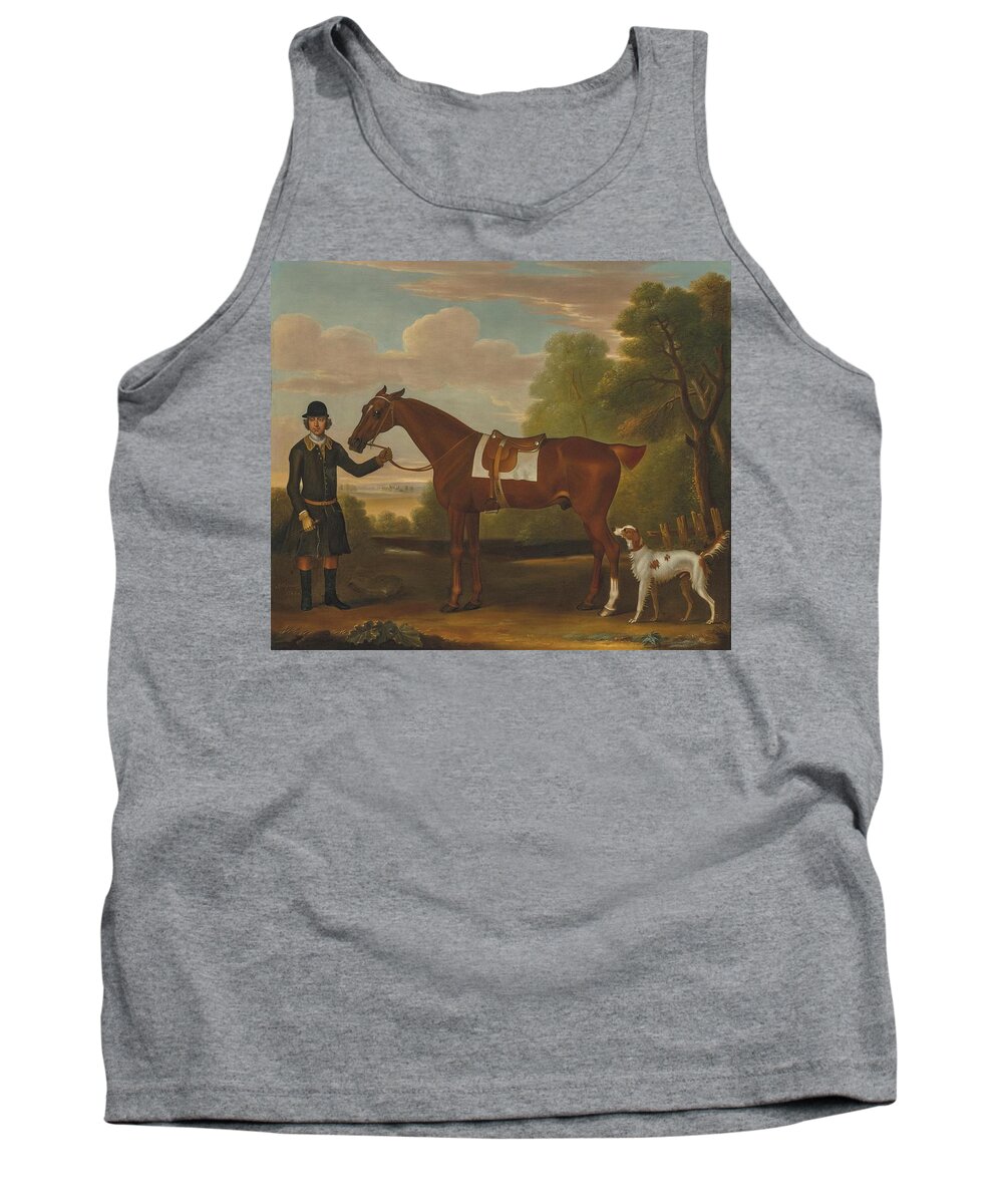  Tank Top featuring the drawing Lord Portmores Snap a saddled chestnut hunter held by a groom with a setter in a landscape by James Seymour English