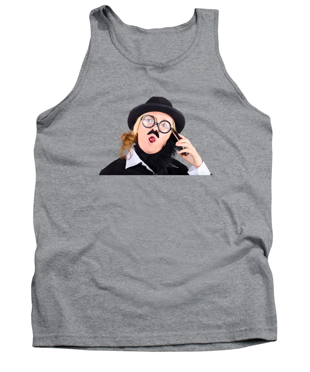 Funny Tank Top featuring the photograph Mad scientist on phone by Jorgo Photography