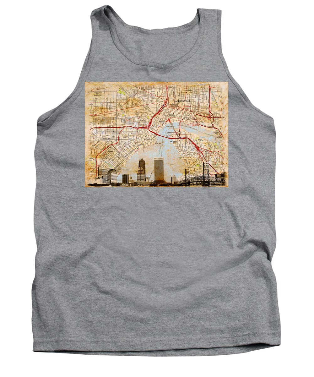 Map Tank Top featuring the digital art Map of Downtown Jacksonville, Florida, and skyline blended on old paper by Nicko Prints