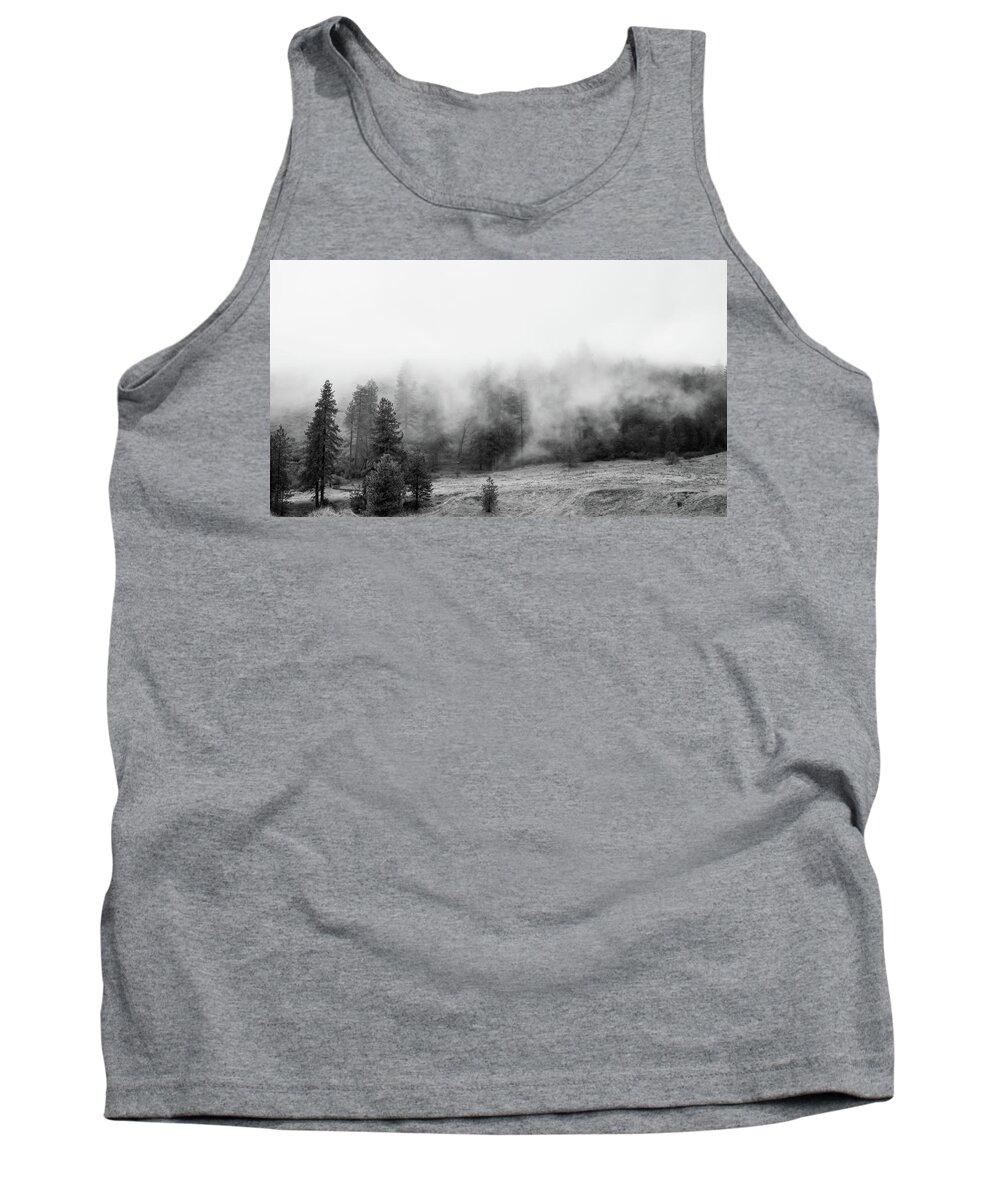 Trees Tank Top featuring the photograph Misty Tops bw by Ryan Weddle