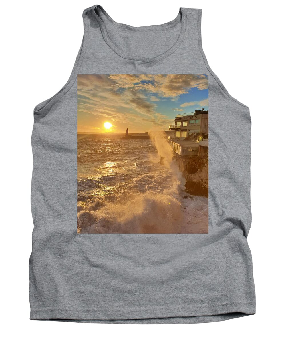 Sunset Tank Top featuring the photograph Misty Waves at Sunset by Andrea Whitaker