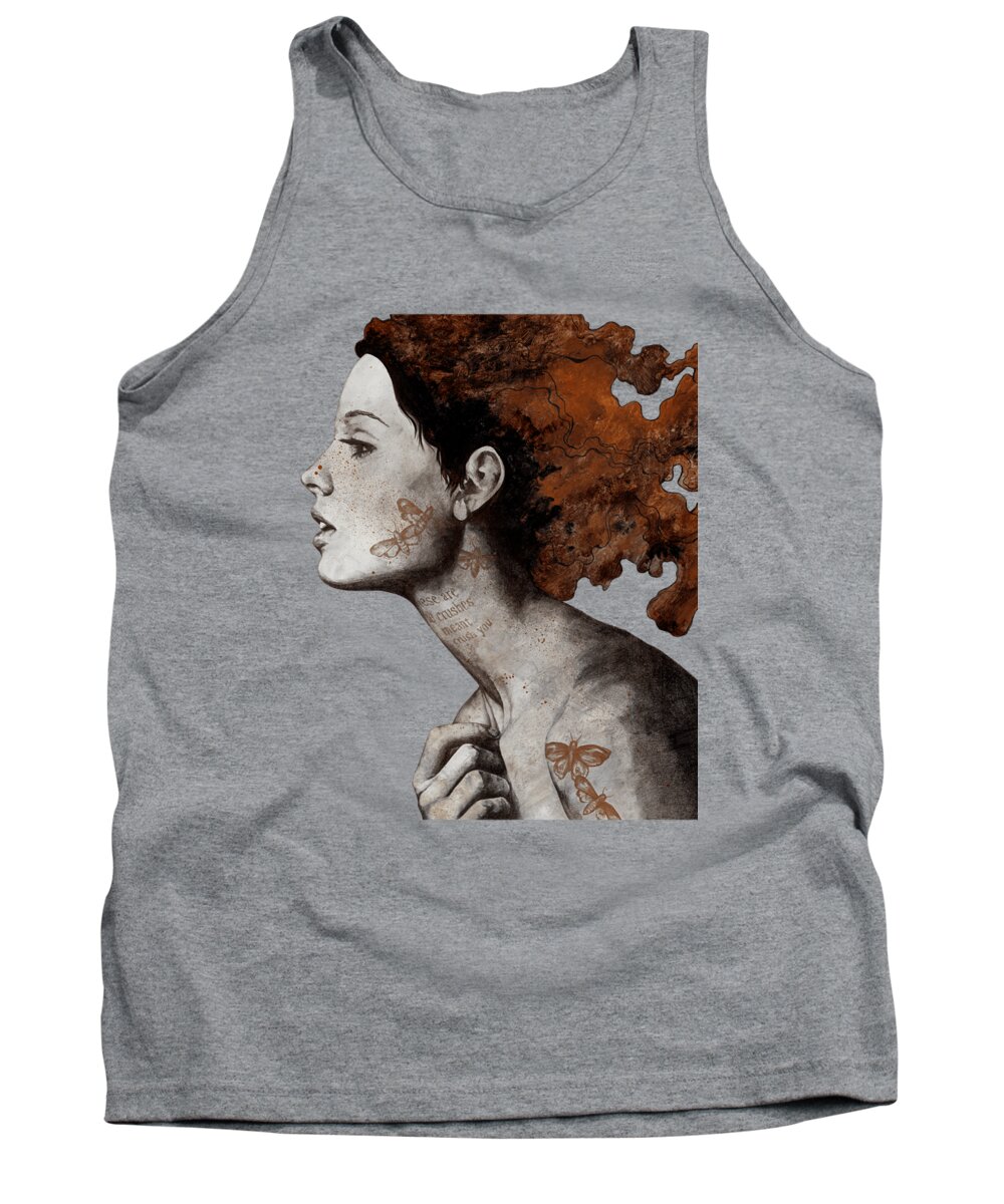 Female Portrait Tank Top featuring the drawing Moral Eclipse I - Rust - moth tattoo woman portrait by Marco Paludet