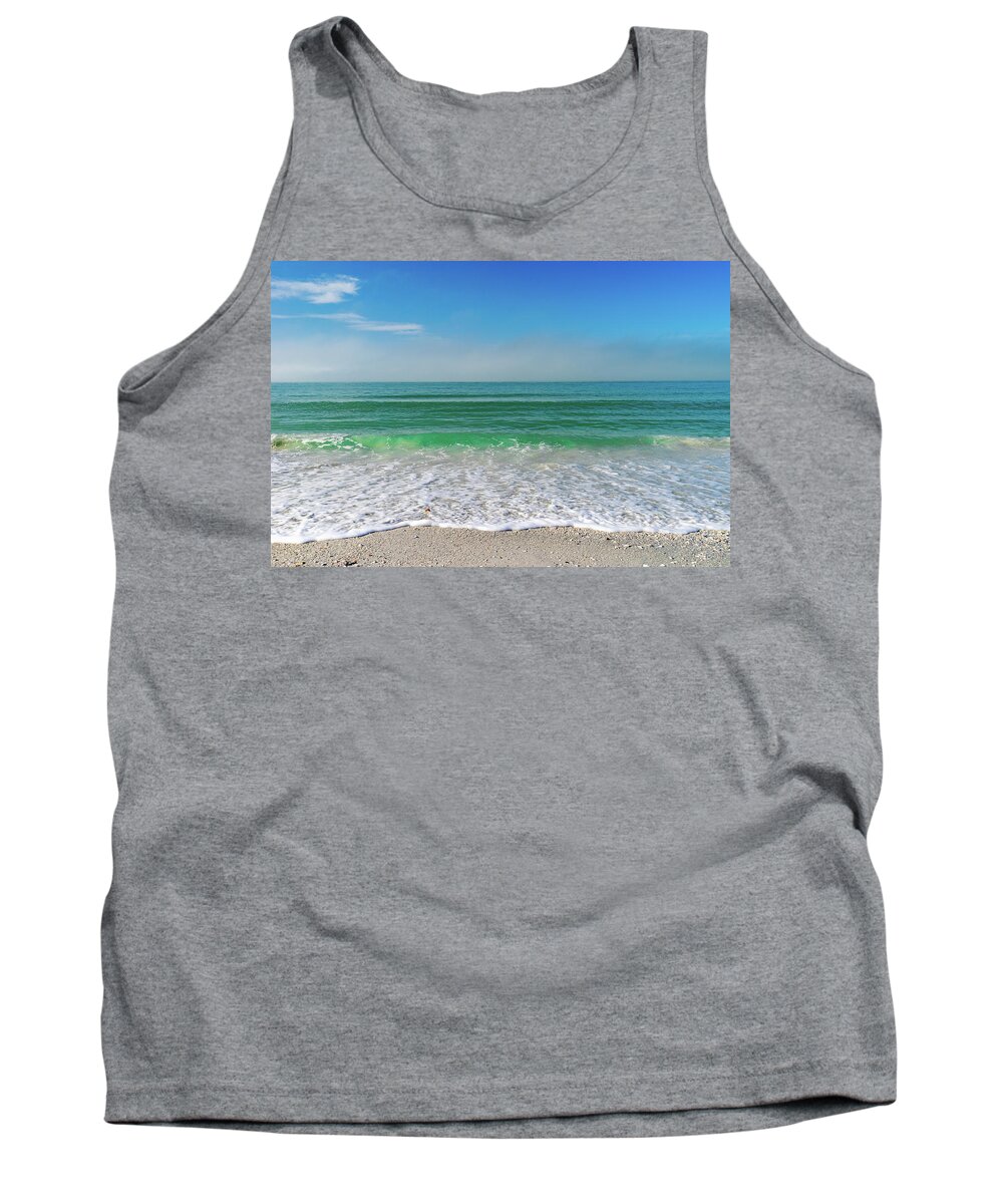 Color Image  Horizontal  St Pete Beach ×overcast ×morning ×beach ×gulf Of Mexico ×sand ×tranquility ×sea ×seascape ×florida - Usa State × ×water ×photography ×seagull ×no People ×scenics - Nature ×coastline ×sky ×nature ×cloud - Sky ×travel ×travel Destinations × Tank Top featuring the photograph Morning Beach Wave by Marian Tagliarino