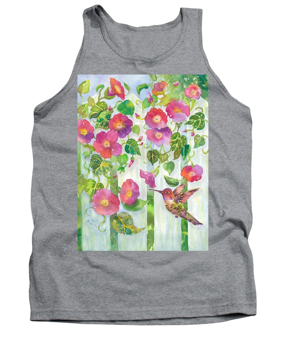Pink Morning Glories Tank Top featuring the painting Morning Hummingbird by Ann Nicholson