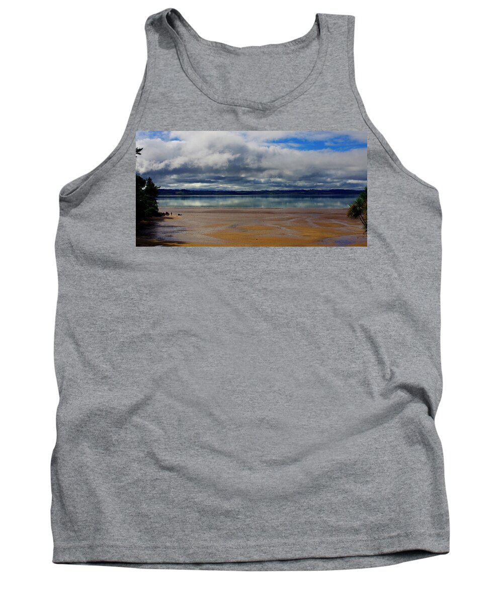 Clouds Tank Top featuring the photograph Morning Reflections on the Water - Shelly Beach, New Zealand by Kenneth Lane Smith