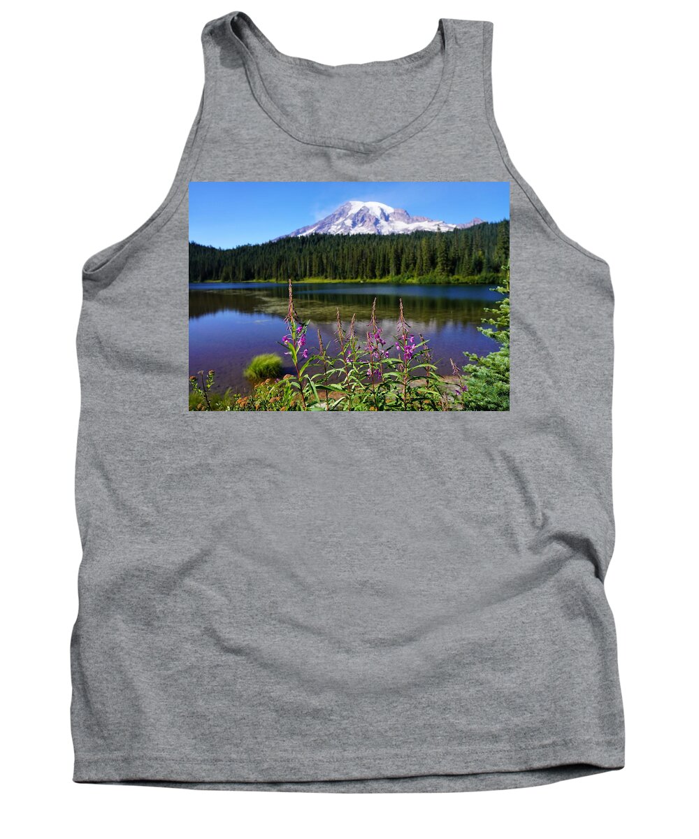 Mt Rainier Tank Top featuring the photograph Mt Rainier Reflected with Flowers by Peter Mooyman