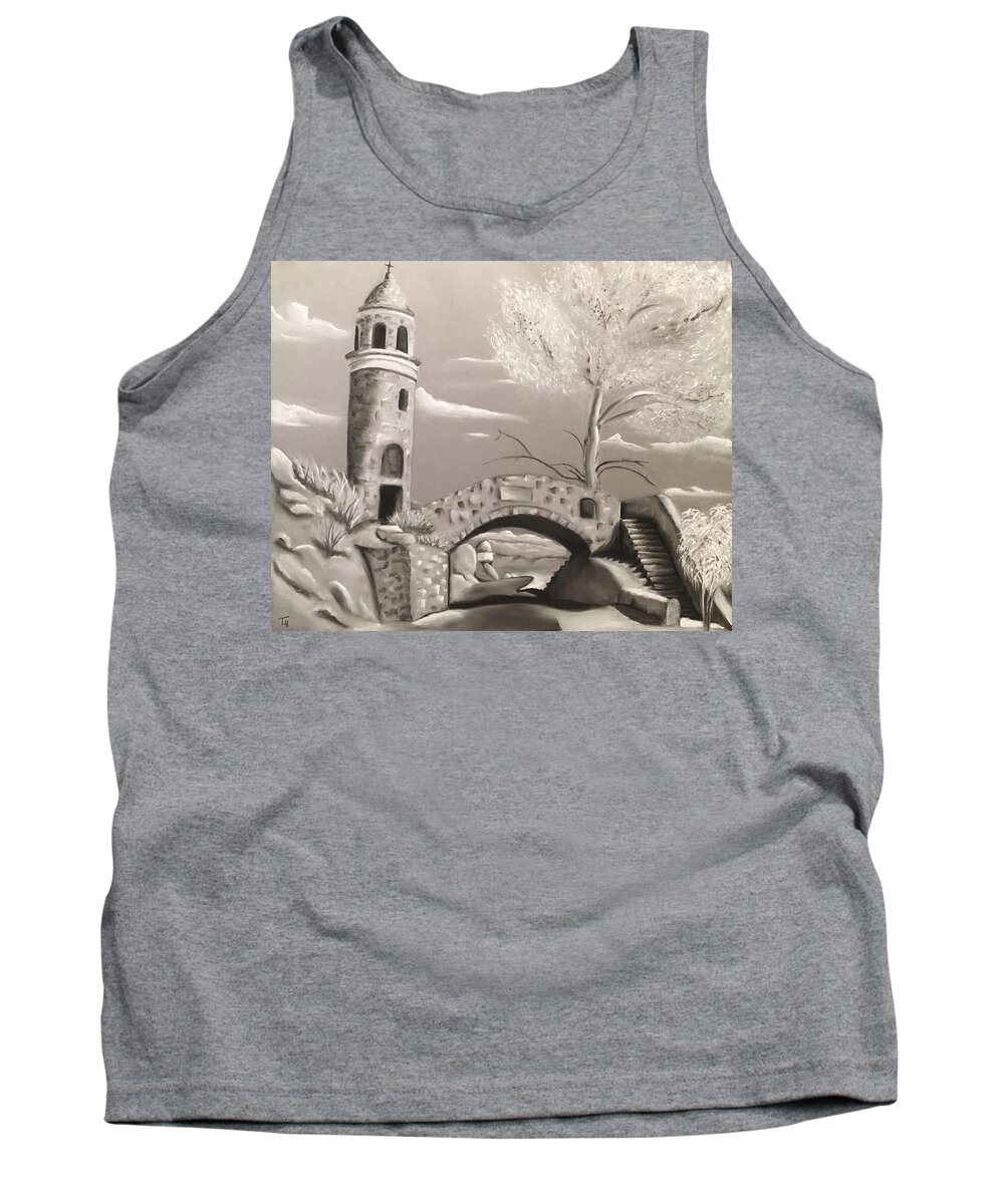 Mt. Rubidoux Tank Top featuring the drawing Mt. Rubidoux Peace Tower by Tracy Hutchinson