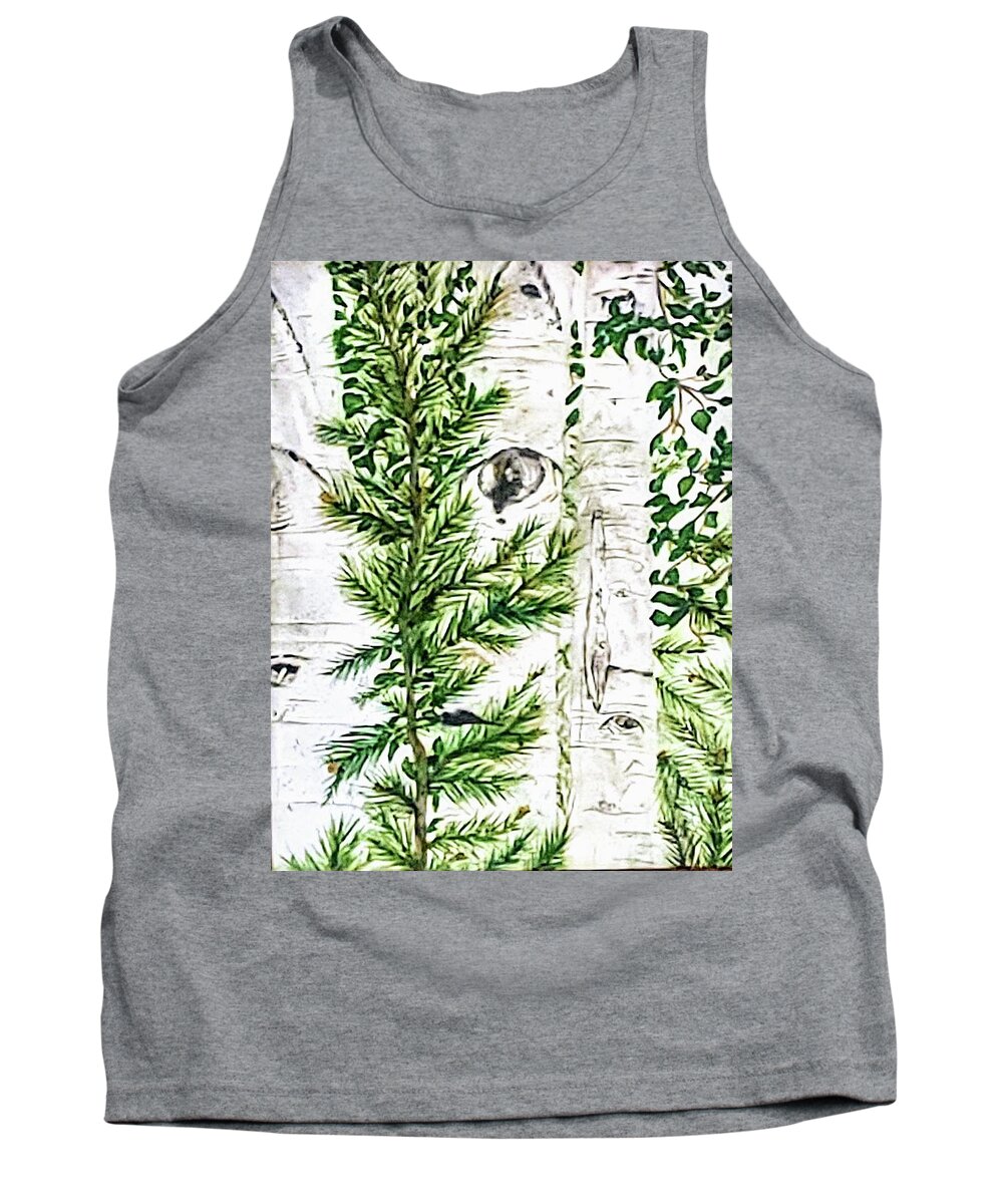 Aspens Pines Trees Aspen Trees. Pine Trees Tank Top featuring the painting Nature's Spy by Teri Merrill