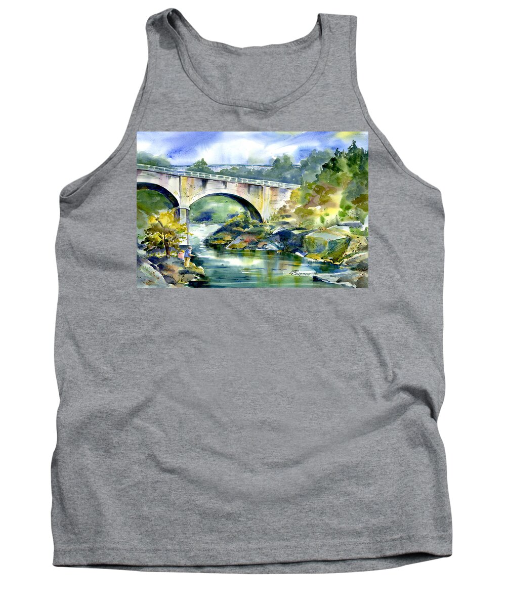 No Hands Bridge Tank Top featuring the painting NoHandsFishing#2 by Joan Chlarson