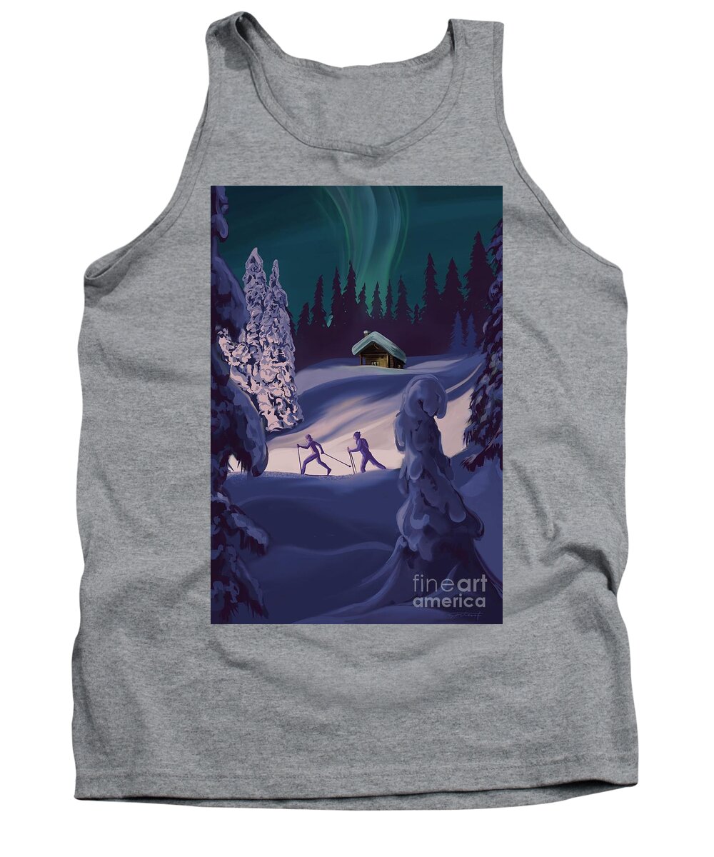 Northern Lights Tank Top featuring the painting Nordic northern lights night ski by Sassan Filsoof