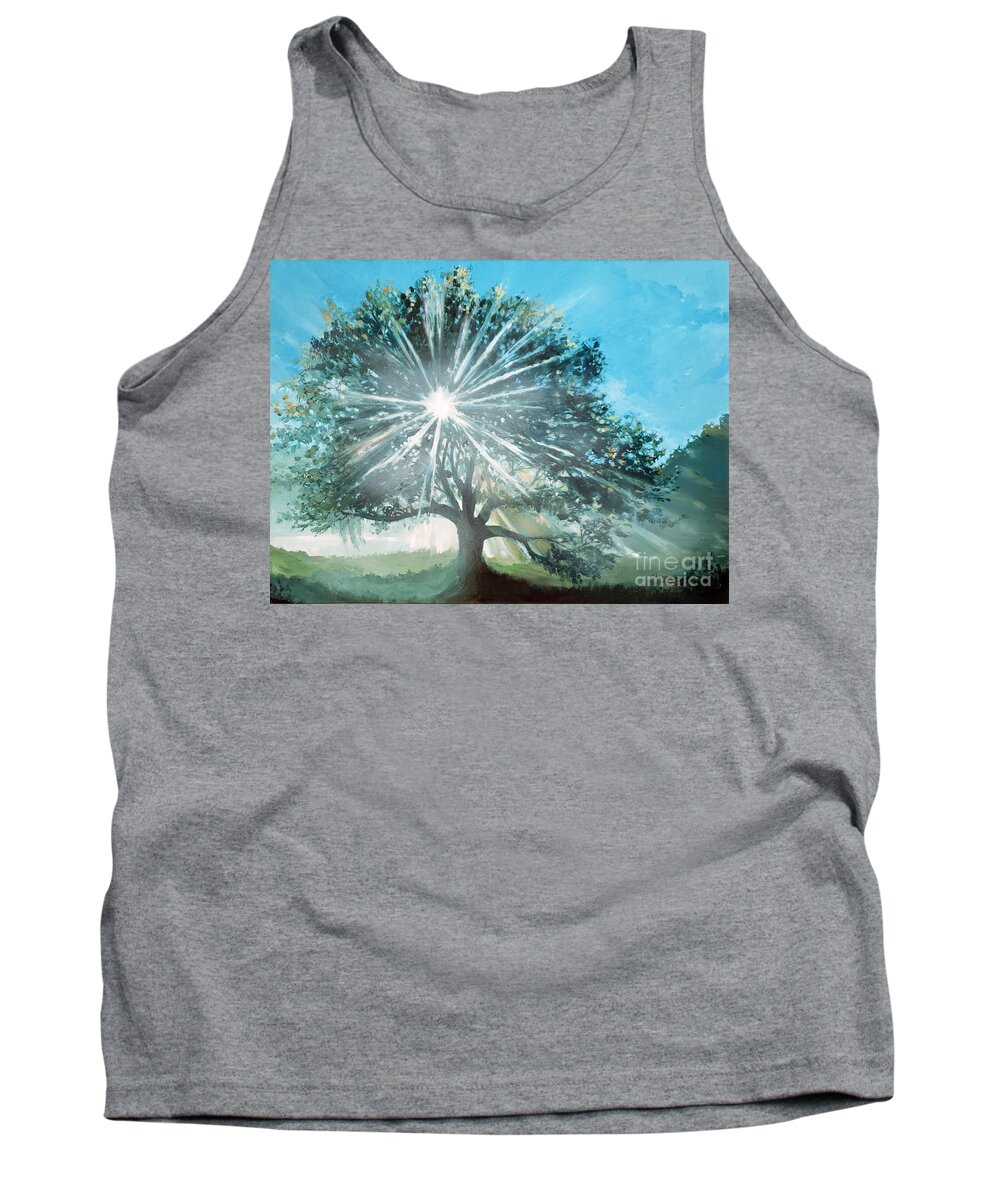 Oak Tank Top featuring the painting Oak in the morning fog by Merana Cadorette