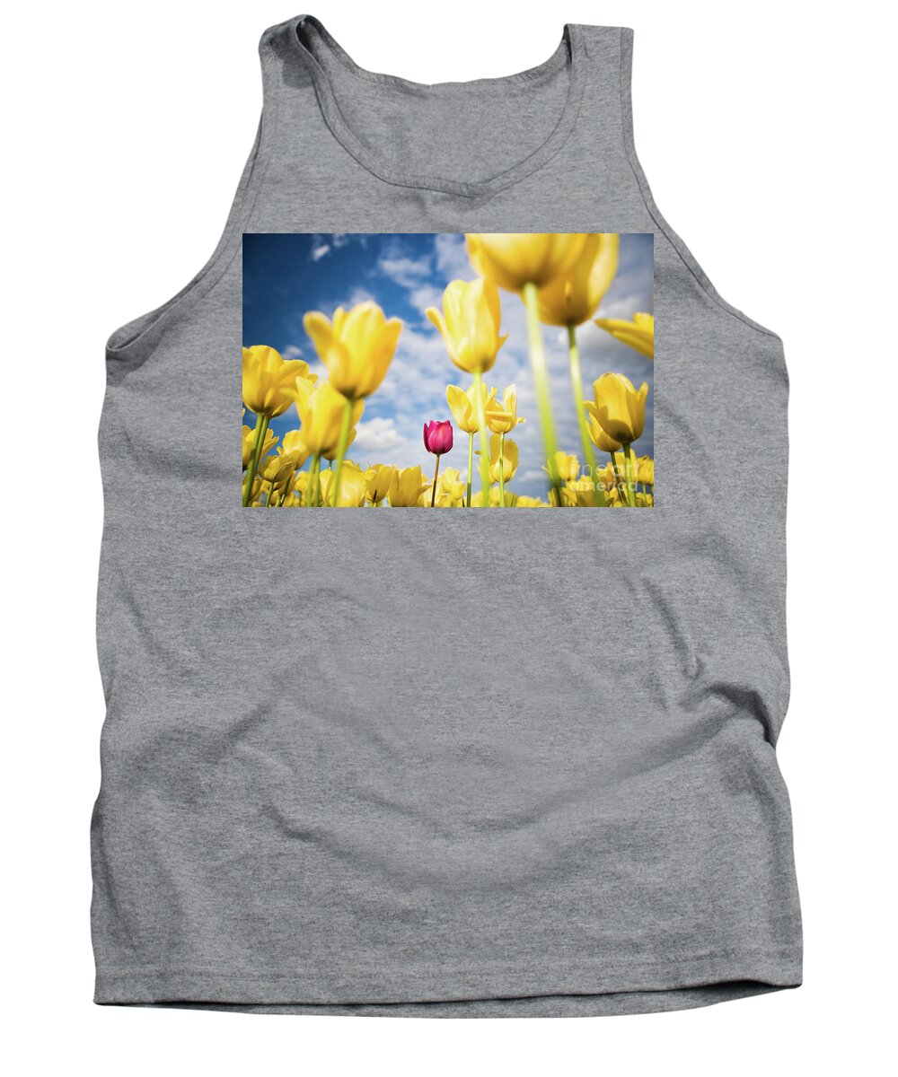 Tranquility Tank Top featuring the photograph One Purple Tulip in a Field of Yellow Tulips by Bryan Mullennix