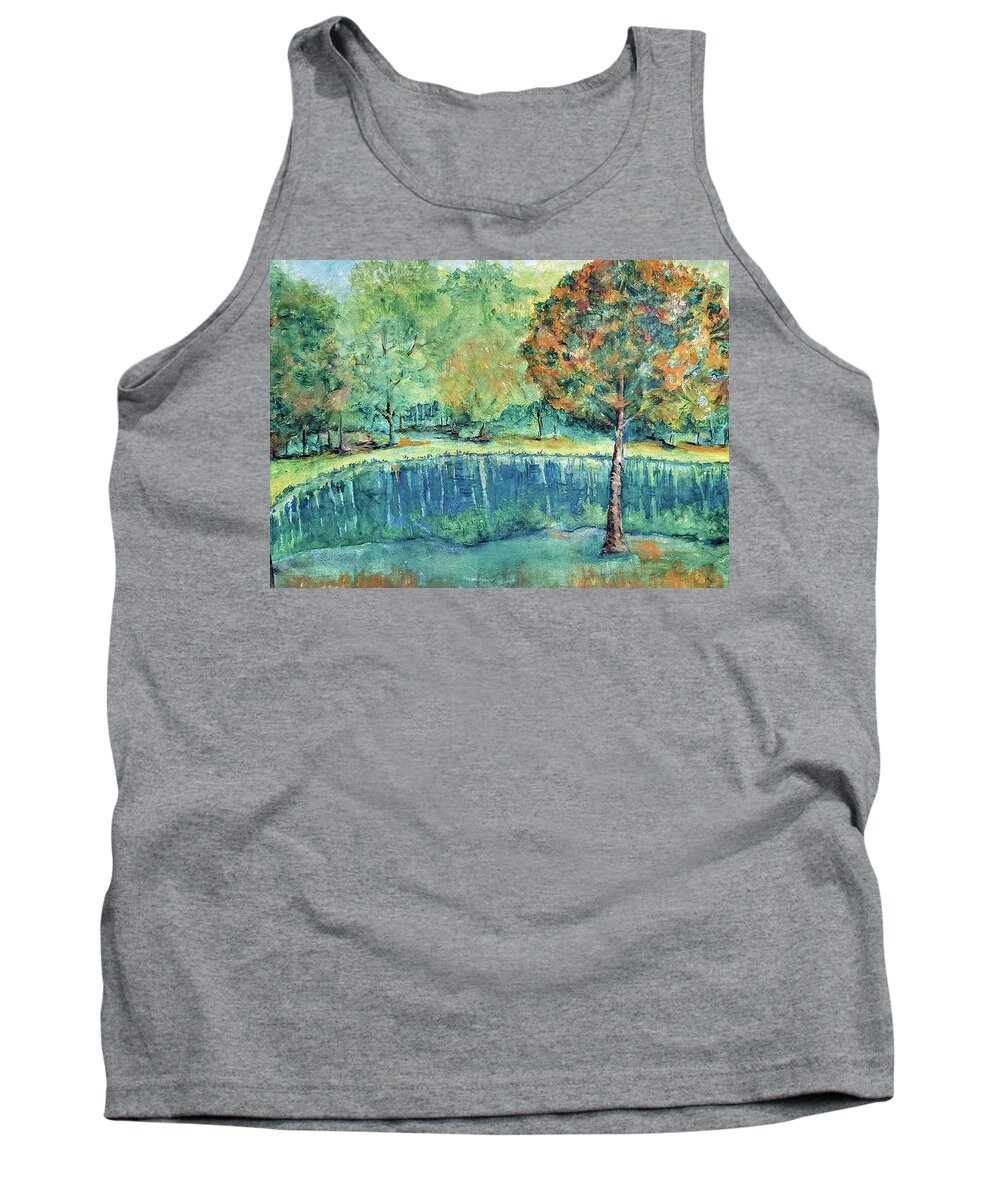 Pond Tank Top featuring the mixed media Our Pond in Spring by Shelley Bain