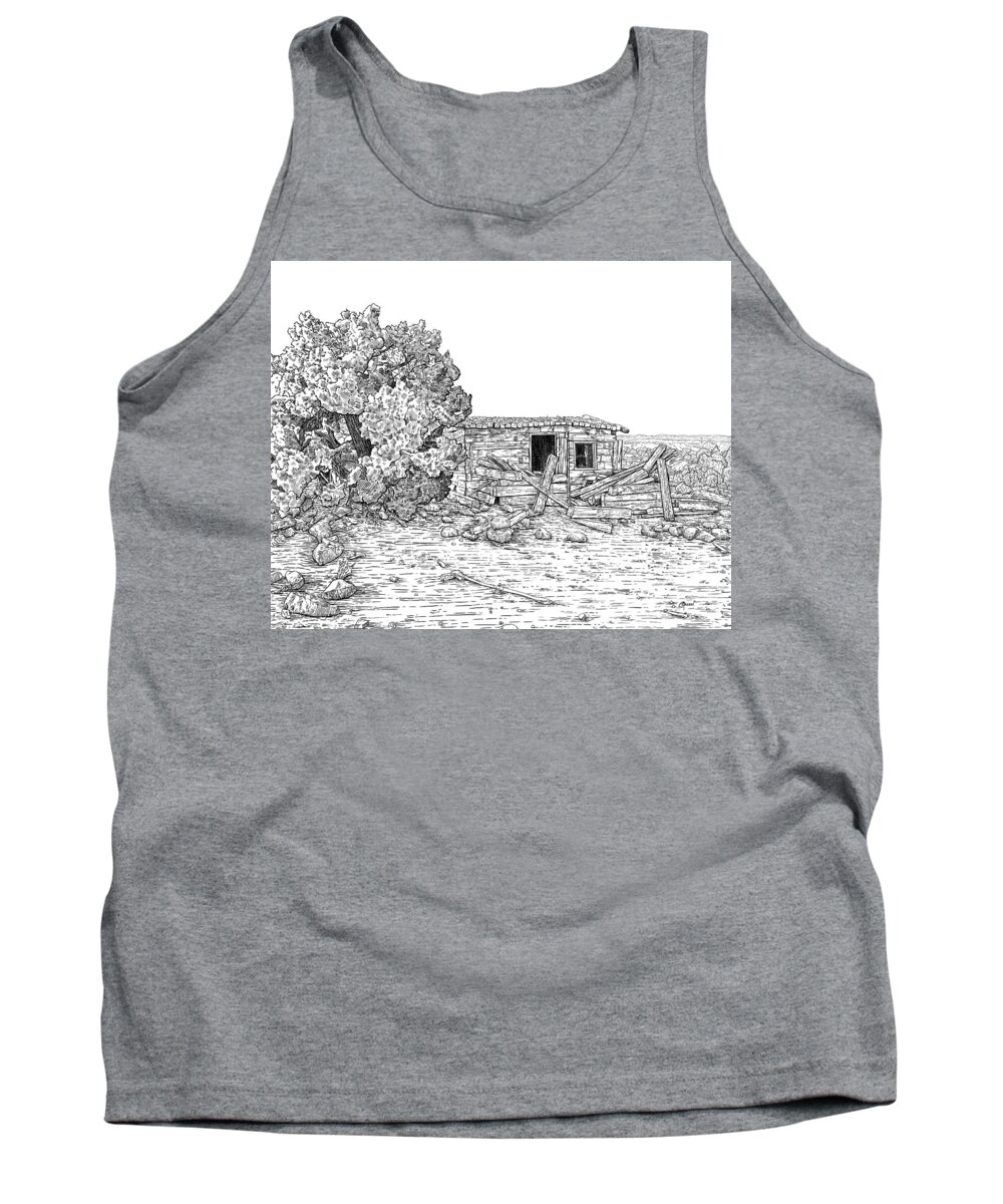 Owl Draw Tank Top featuring the digital art Owl Draw Cabin BW by Rick Adleman
