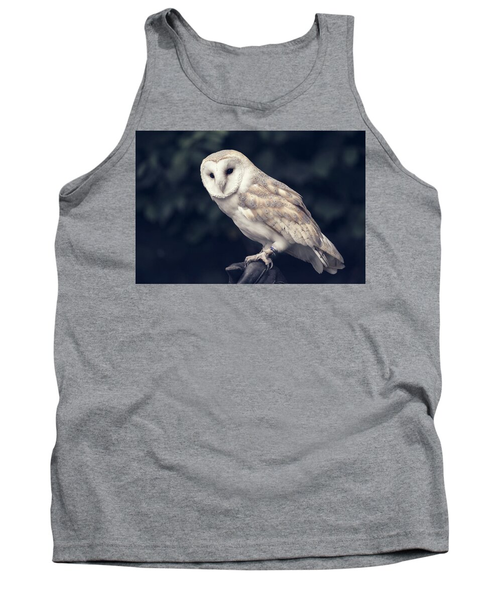 Owl Tank Top featuring the photograph Owl sitting on a glove by Andrew Lalchan
