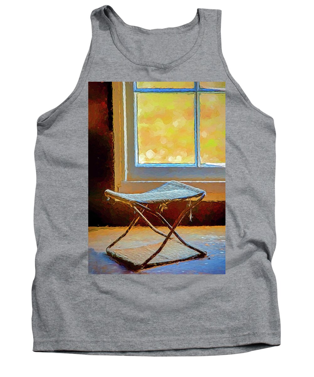 Holmdel Park Tank Top featuring the photograph Painterly Vintage Folding Seat Near Barn Window by Gary Slawsky