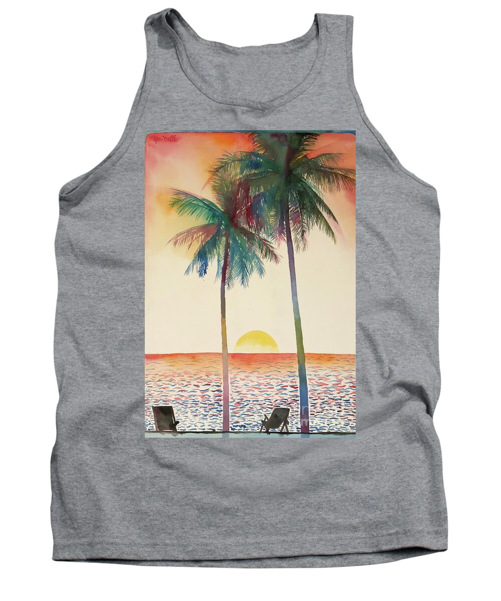 #palmtrees #palm #trees #ocean #sunset #mexico #beach #glenneff #thesoundpoetsmusic #picturerockstudio #watercolor #watercolorpainting #beachchairs #tranquil Tank Top featuring the painting Palm Trees Beach Sunset by Glen Neff