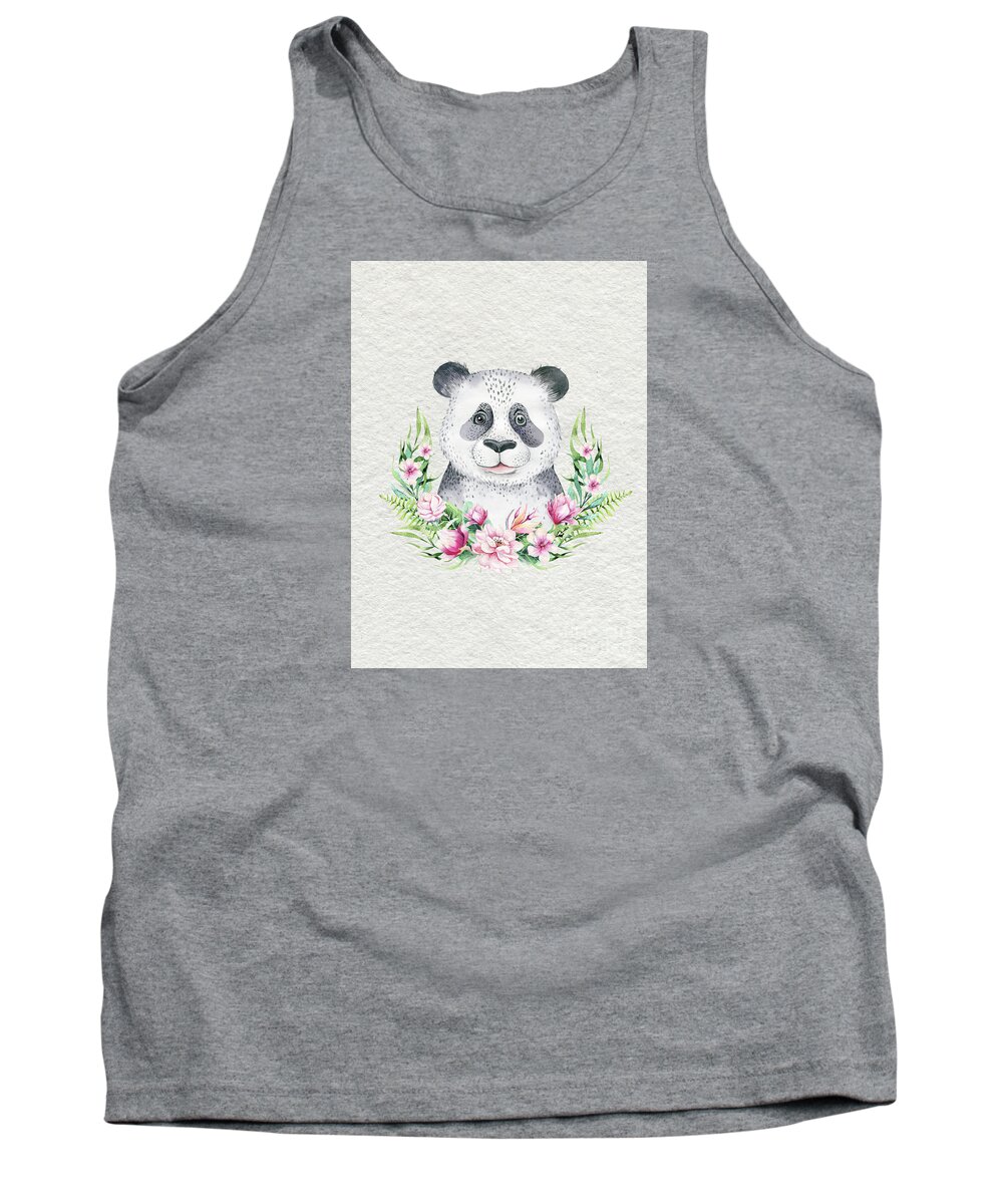 Panda Tank Top featuring the painting Panda Bear With Flowers by Nursery Art