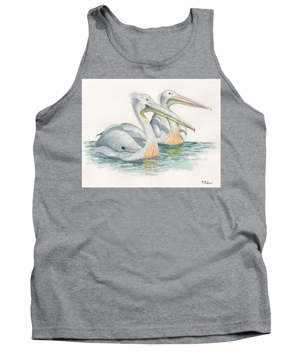 Watercolor Tank Top featuring the painting Pelican Float by Bob Labno
