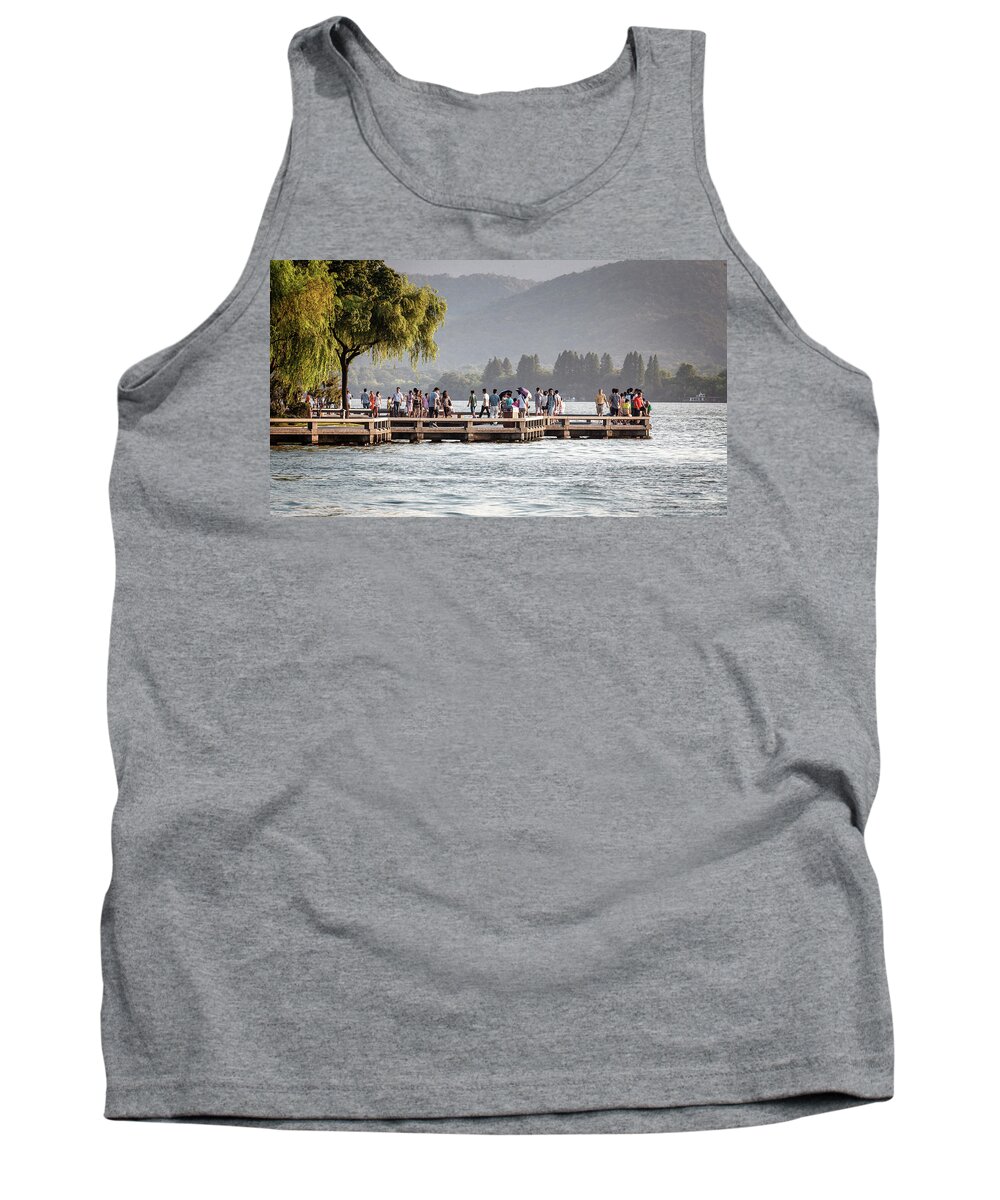2013 Tank Top featuring the photograph People strolling at the edge of the West Lake by Benoit Bruchez