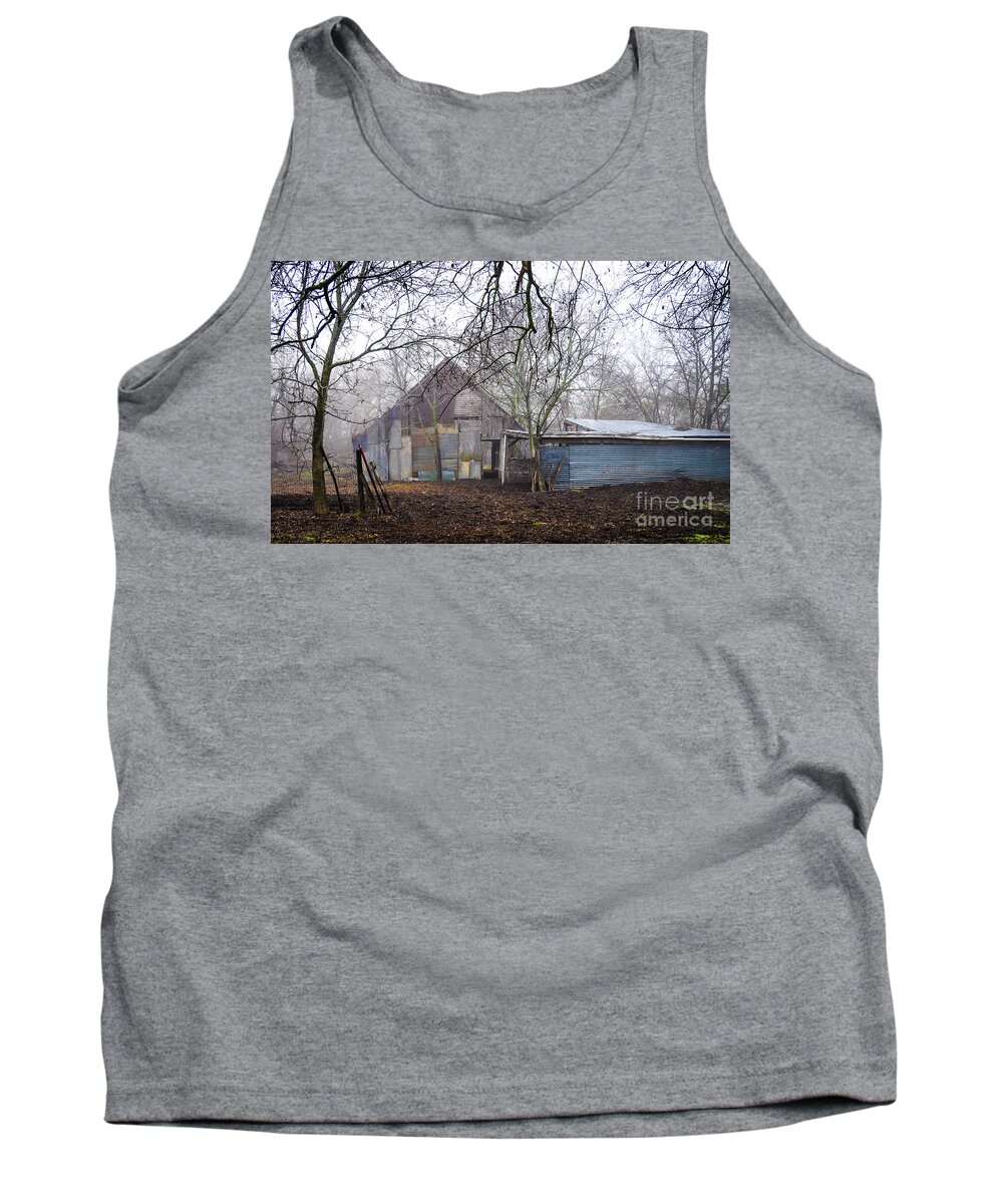 #barn #ranch #farm #country #ranch #countryliving #ranchlife #rural #vintage #metal #structure #oldbarn #texas #texasranch #farmhouse #1900s #midcentury #countrylife #ranchhand #cowboy #farming #ranching #patchwork #metal #fencing #trees #fog #winter Tank Top featuring the photograph Pickle Creek Ranch Barn by Cheryl McClure