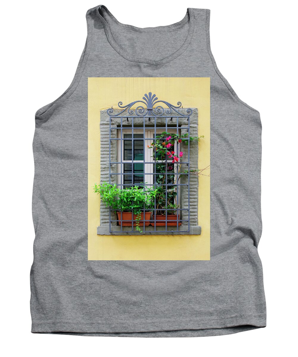 Lucca Tank Top featuring the photograph Picture Window - Window bars and flower pots on tis yellow wall in Lucca Italy by Kenneth Lane Smith