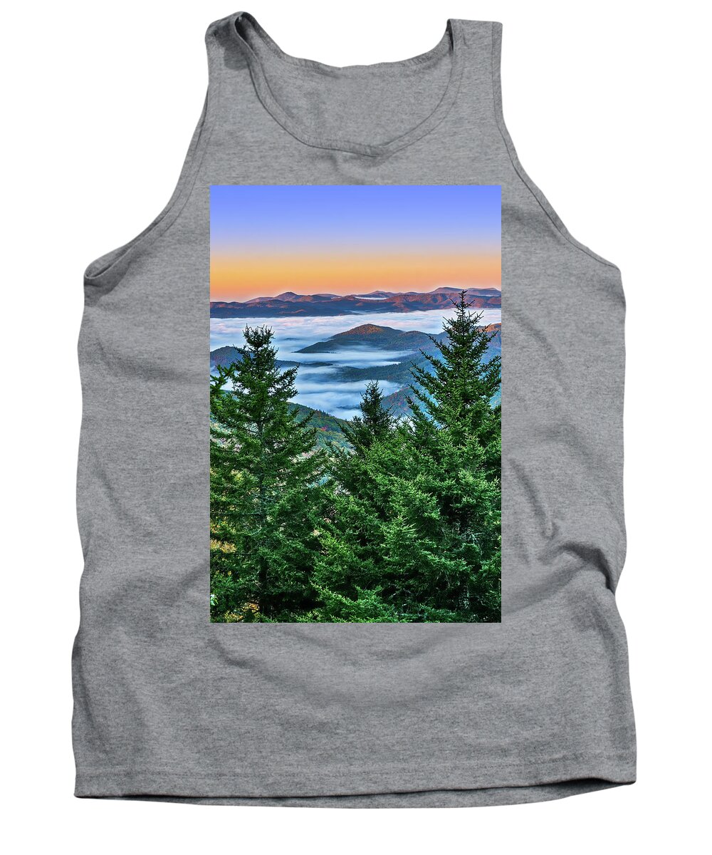 North Carolina Tank Top featuring the photograph Pines and Low Clouds at Sunrise by Dan Carmichael