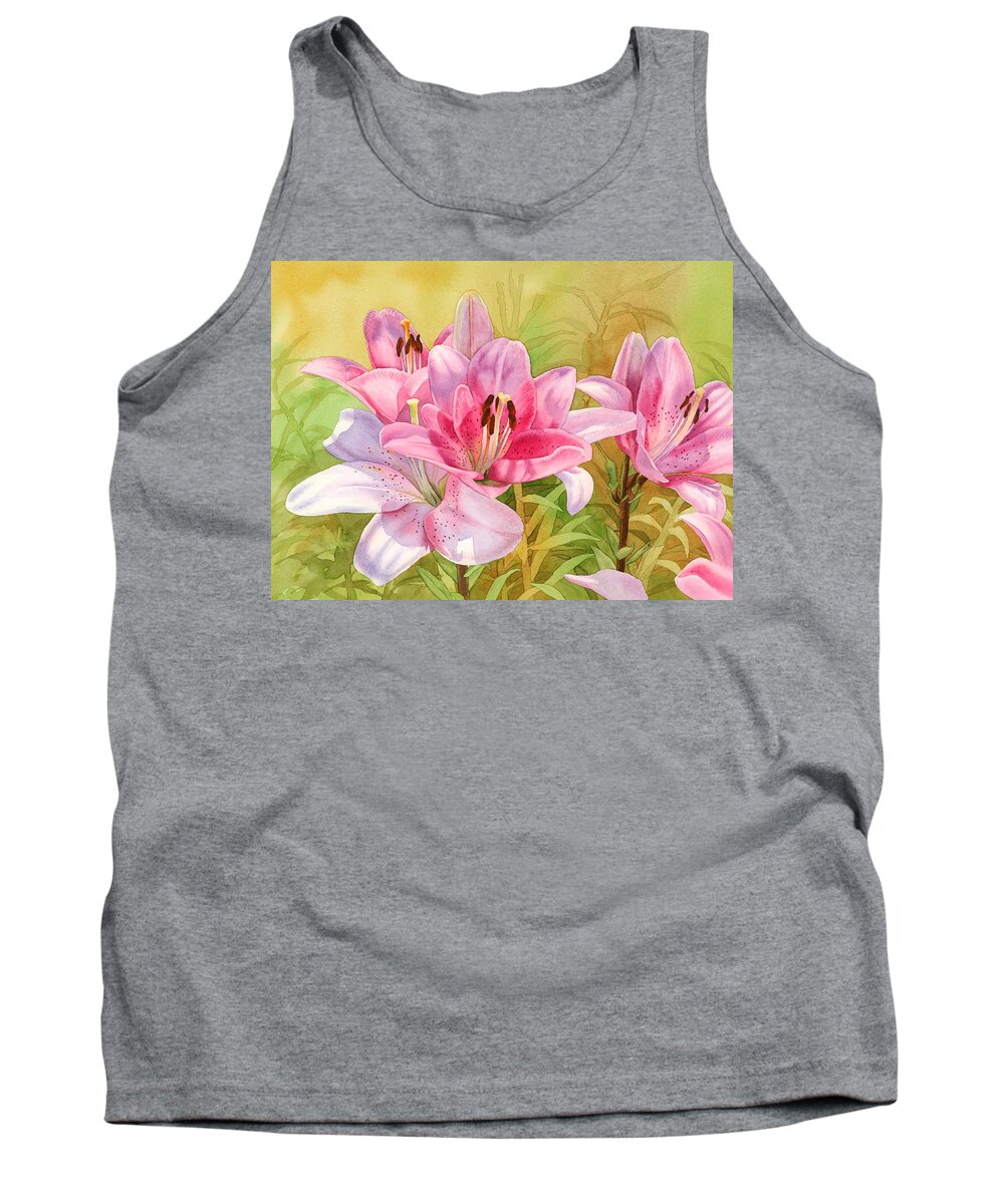 Pink Tank Top featuring the painting Pink Lilies by Espero Art